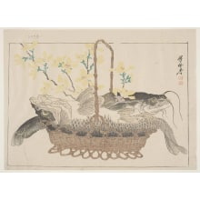 Japanese Print "Yamabuki Flowers and a Basket of Two Fish" by Kawanabe Kyosai, 河鍋暁斎 (Kawanabe Kyosai)