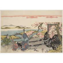 Japanese Print "Courtier and Attendants in Front of Carriage Admiring Cherry Blossoms" by Katsukawa Shunsen, 勝川春扇 (Katsukawa Shunsen 勝川 春扇)