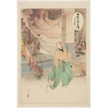 Watanabe Nobukazu, 渡辺延一 (Watanabe Nobukazu)による浮世絵「Okawa Tomoemon Saving a Famous Painting of Daruma from a Fire」