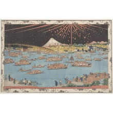 Japanese Print "Watching Fireworks in the Cool of the Evening at Ryōgoku Bridge" by Unknown, 無款