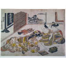 Japanese Print "Yoshiwara Client Enjoying the Company of a Courtesan and a Handsome Youth" by Okumura Masanobu, 奥村政信 (Okumura Masanobu 奥村 政信)