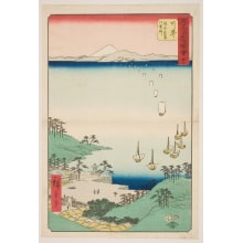 Utagawa Hiroshige, 歌川広重 (Utagawa Hiroshige I 歌川 広重)创作的日本版画《Arai: Ferry Boats and the Barrier on the Bank》