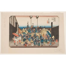 Utagawa Hiroshige, 歌川広重 (Utagawa Hiroshige I 歌川 広重)创作的日本版画《Nihonbashi: Processional Standard Bearers (Gyoretsu furude)》