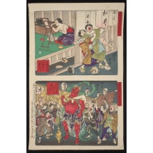 Tsukioka Yoshitoshi, 月岡芳年 (Tsukioka Yoshitoshi 月岡 芳年)创作的日本版画《Client Gets the Wrong Room and Nio at the Akasuka Festival》