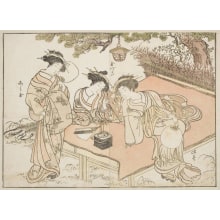 Kitao Shigemasa, 北尾重政 (Kitao Shigemasa 北尾 重政, Katsukawa Shunshō 勝川 春章)创作的日本版画《Three Young Women Of Ieda-Ya》