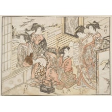 Kitao Shigemasa, 北尾重政 (Kitao Shigemasa 北尾 重政, Katsukawa Shunshō 勝川 春章)创作的日本版画《Five Young Women Of Okamoto-Ya》