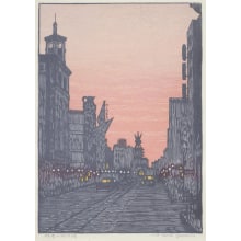 Estampe japonaise "Sunrise on New Year's Day in Ginza (Ginza no hatsuhi no de)" par Yoshida Toshi, 吉田遠志 (Toshi Yoshida)