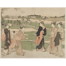 Estampe japonaise "Women Visitors In The Grounds Of The Mimeguri Yashiro" par Torii Kiyonaga, 鳥居清長 (Torii Kiyonaga)