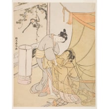 Suzuki Harunobu, 鈴木春信 (Suzuki Harunobu 鈴木 春信)による浮世絵「Lovers' Parting Embrace through a Mosquito Net」