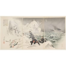Estampe japonaise "Seven Brave Marines, an Advance Guard of Our Navy, Land on the Shore near Weihaiwei" par Mizuno Toshikata, 水野年方 (Mizuno Toshikata)