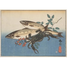 Japanese Print "Two Trout, a Crab and Red-Flowered Bean" by Tanishiro Shigenobu