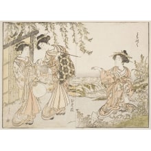 Estampe japonaise "Three Young Women Of Kadotsuta-Ya" par Katsukawa Shunsho, 勝川春章 (Katsukawa Shunshō 勝川 春章, Kitao Shigemasa 北尾 重政)