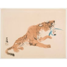 Japanese Print "Tiger with Blue Parrot in Mouth" by Takeuchi Seiho