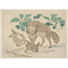 Japanese Print "A Tanuki, Two Snapping Turtles And A Large Radish With Green Leaves" by Kawanabe Kyosai, 河鍋暁斎 (Kawanabe Kyosai)