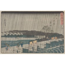 Japanischer Druck "Night Rain At The Yoshiwara And The Nippon Embankment Of The Sumida River" von Utagawa Yoshitora, 歌川芳虎 (Utagawa Yoshitora 歌川 芳虎)