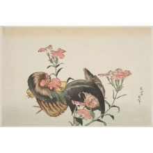 Estampe japonaise "Fringed Pinks and Domestic Fowl, a Cock, a Hen, and a Chicken (nadeshiko ni niwatori)" par Unknown, 無款