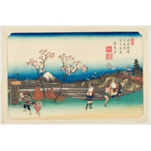 Japanischer Druck "View of Mount Fuji from the Little Village of Omiya" von Keisai Eisen, 渓斉英泉 (Keisai Eisen 渓斉 英泉)