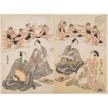 Estampe japonaise "Picture Of Six Poets And A Women Dancing The Bon Odori" par Utagawa Toyokuni I, 歌川豊国 (Utagawa Toyokuni I 歌川 豊国)