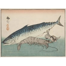 Japanese Print "A Mackerel, a Prawn and Two Roots of the Arrowhead" by Tanishiro Shigenobu