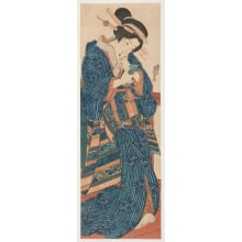 Estampe japonaise "Geisha Looking at Her Reflection in a Hand Mirror" par Keisai Eisen, 渓斉英泉 (Keisai Eisen 渓斉 英泉)