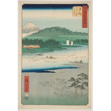 Estampe japonaise "No. 8, Hiratsuka: Ferry on Banyū River and Distant View of Mount Ōyama" par Utagawa Hiroshige, 歌川広重 (Utagawa Hiroshige I 歌川 広重)