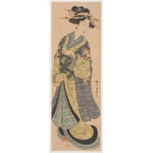 Japanese Print "Geisha Tying her Sash while Holding a Roll of Tissues Between Her Teeth" by Katsukawa Shunsen, 勝川春扇 (Katsukawa Shunsen 勝川 春扇)