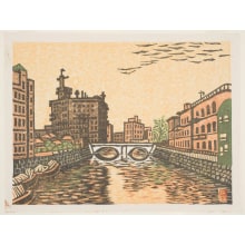 Japanischer Druck "Sukiya Bridge (Sukiyabashi)" von Un'ichi Hiratsuka