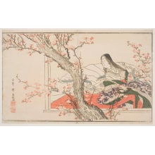 Japanese Print "A Court Lady Admiring A Blossoming Kobai Tree While Seated Upon The Engawa Of A House" by Ekiga