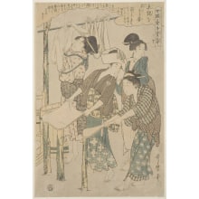 Estampe japonaise "Women Washing and Drying the Mawata Used for Wadding" par Kitagawa Utamaro, 喜多川歌麿 (Kitagawa Utamaro I 喜多川 歌麿)