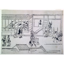 Estampe japonaise "In Front of the House Takashimaya" par Hishikawa Moronobu, 菱川師宣 (Hishikawa Moronobu)