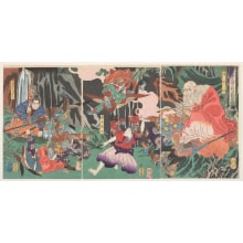 Estampe japonaise "Ushiwakamaru Learns Martial Arts from Sōjōbō" par Tsukioka Yoshitoshi, 月岡芳年 (Tsukioka Yoshitoshi 月岡 芳年)