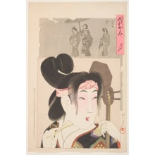 Estampe japonaise "Beauty of the Kan'ei Era (Kan'ei no koro): Woman Holding a Samisen and a Plectrum" par Toyohara Chikanobu, 豊原周延 (Toyohara Chikanobu)