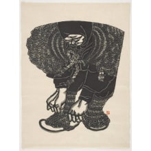 Estampe japonaise "Farmer with a Straw Raincoat Fixing His Straw Shoes" par Unknown, 無款