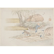 Estampe japonaise "Lumbermen Poling a Raft of Logs" par Ryuryukyo Shinsai, 柳々居辰斎 (Ryuryukyo Shinsai)