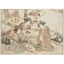 Japanischer Druck "Young Women of Yamashiroya Karahata and Shirado Playing Sukeroku, Matsukaze seated before a Hibachi" von Katsukawa Shunsho, 勝川春章 (Katsukawa Shunshō 勝川 春章, Kitao Shigemasa 北尾 重政)