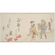 Estampe japonaise "A Woman Attended By An Old Man Servant" par Unknown, 無款