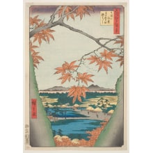 Utagawa Hiroshige, 歌川広重 (Utagawa Hiroshige I 歌川 広重)创作的日本版画《Maple Trees at Mama, Tekona Shrine and Linked Bridge (Mama no momiji Tekona no yashiro Tsugihashi)》