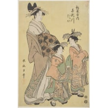 Estampe japonaise "Kisegawa of the Matsubaya, [and attendants] Takeno, Sasano" par Kitagawa Utamaro, 喜多川歌麿 (Kitagawa Utamaro I 喜多川 歌麿)