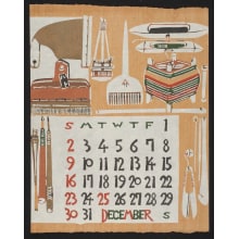 Estampe japonaise "December, 1973 – Tools for Spinning, Weaving and Dyeing Cloth" par Nishijima, Takeshi