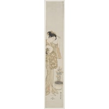 Japanischer Druck "Courtesan Standing Beside a Pot of Pinks" von Suzuki Harunobu, 鈴木春信 (Suzuki Harunobu 鈴木 春信)