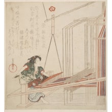 Estampe japonaise "A Woman Seated at a Loom Engaged in Weaving a Piece of Brocade" par Yanagawa Shigenobu, 柳川重信 (Yanagawa Shigenobu)