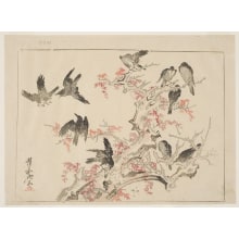 Japanese Print "Ravens Flitting About And Perched On An Old Maple Tree" by Kawanabe Kyosai, 河鍋暁斎 (Kawanabe Kyosai)