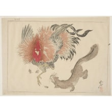 Japanese Print "A Cock Repelling An Attack By A Weasel" by Kawanabe Kyosai, 河鍋暁斎 (Kawanabe Kyosai)