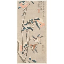 Estampe japonaise "Snow-Laden Camellias and Tree Sparrows" par Utagawa Hiroshige, 歌川広重 (Utagawa Hiroshige I 歌川 広重)