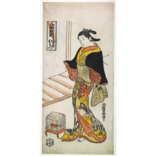 Japanischer Druck "Right-Hand Sheet of a Set of Three: The Courtesan Ohatsu of the House called Tenma-ya" von Nishimura Shigenaga, 西村重長 (Shigenaga Nishimura)