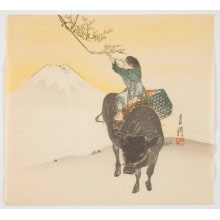 Ogata Gekko, 尾形月耕 (Ogata Gekko)创作的日本版画《Boy on an Ox Breaking off a Plum Branch Below the Peak of Mt. Fuji》