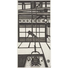 Japanese Print "Hearth (irori) with Hanging Kettle (tetsubin) in a Farm House" by Okuyama Gihachiro