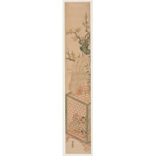 Estampe japonaise "Rooster on Cage Containing Hen and Chicks" par Isoda Koryusai, 磯田湖龍齋 (Isoda Koryūsai 磯田 湖龍齋)
