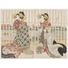 Kikugawa Eizan, 菊川英山 (Kikukawa Eizan 菊川 英山)による浮世絵「The Courtesans Hinaya and Karauta Behind the Barred Window of Chojiya House by Sumida River in the Cherry Blossom Season」