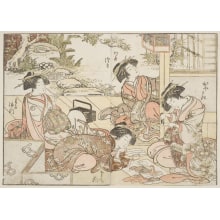 Japanischer Druck "Four Young Women Of O Tawara-Ya" von Katsukawa Shunsho, 勝川春章 (Katsukawa Shunshō 勝川 春章, Kitao Shigemasa 北尾 重政)